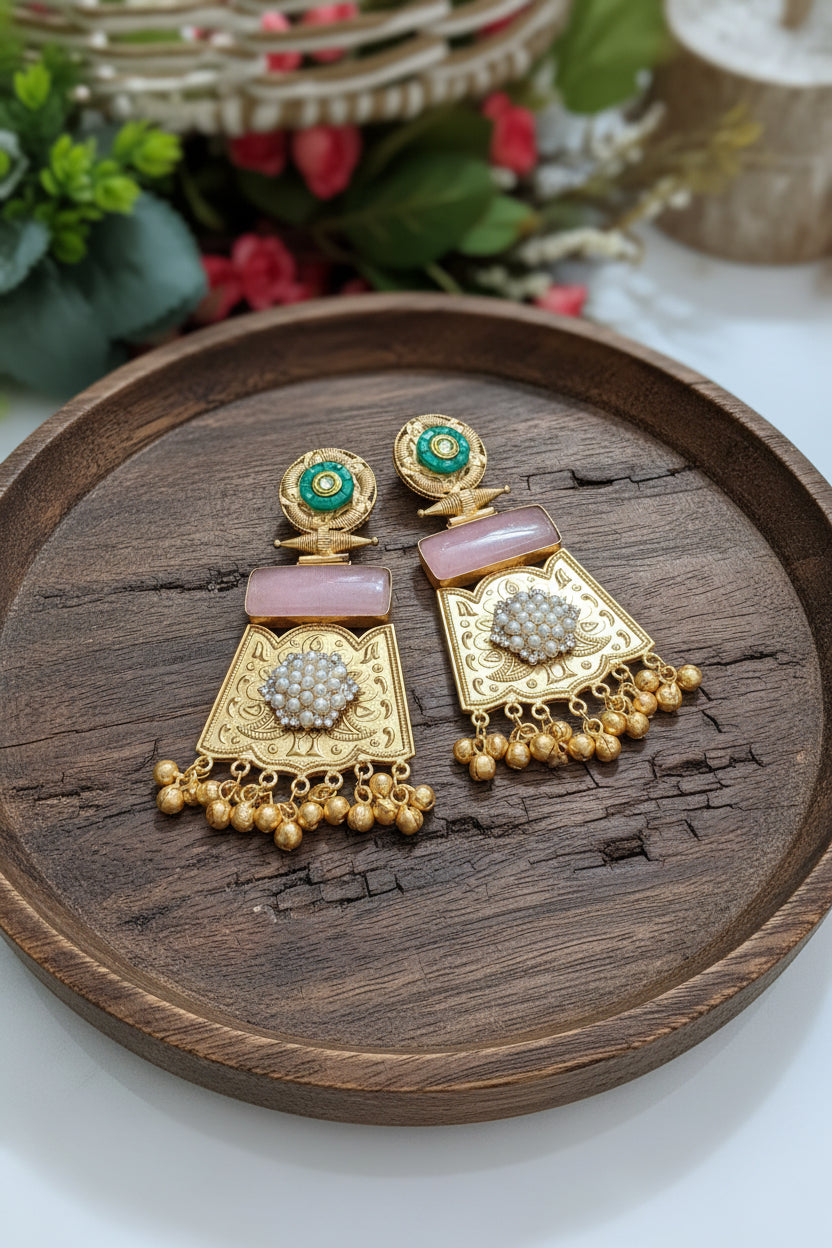 Peach Colour Long Brass Earrings
