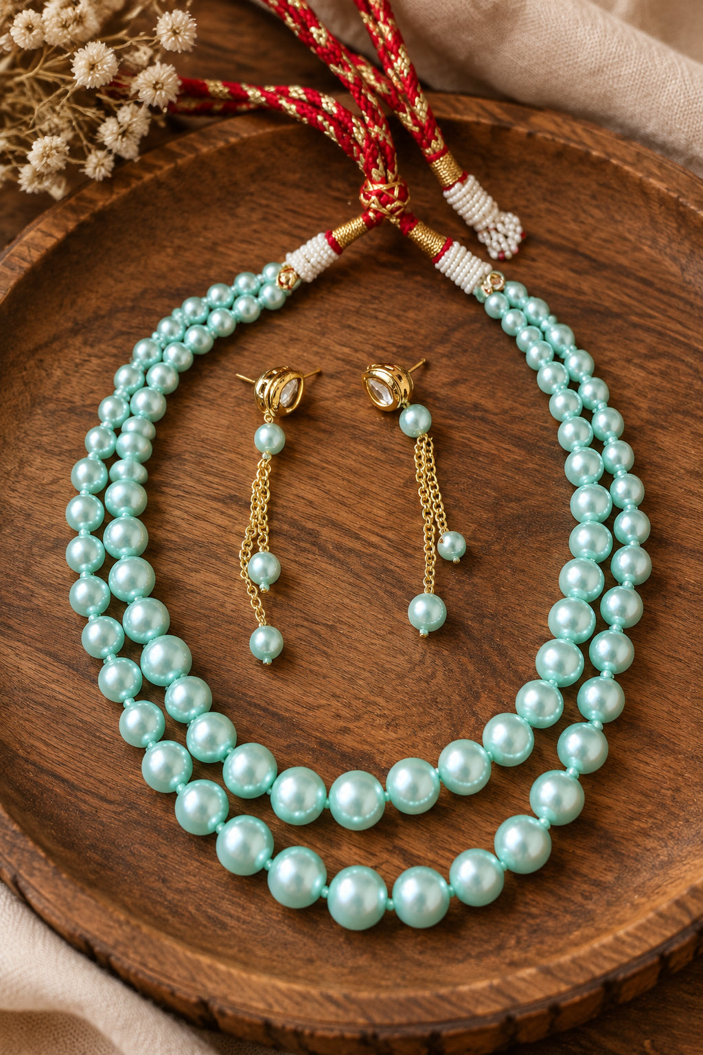 Ice Blue Double Layer Pearl Necklace Set with Gold Chain Drop Earrings