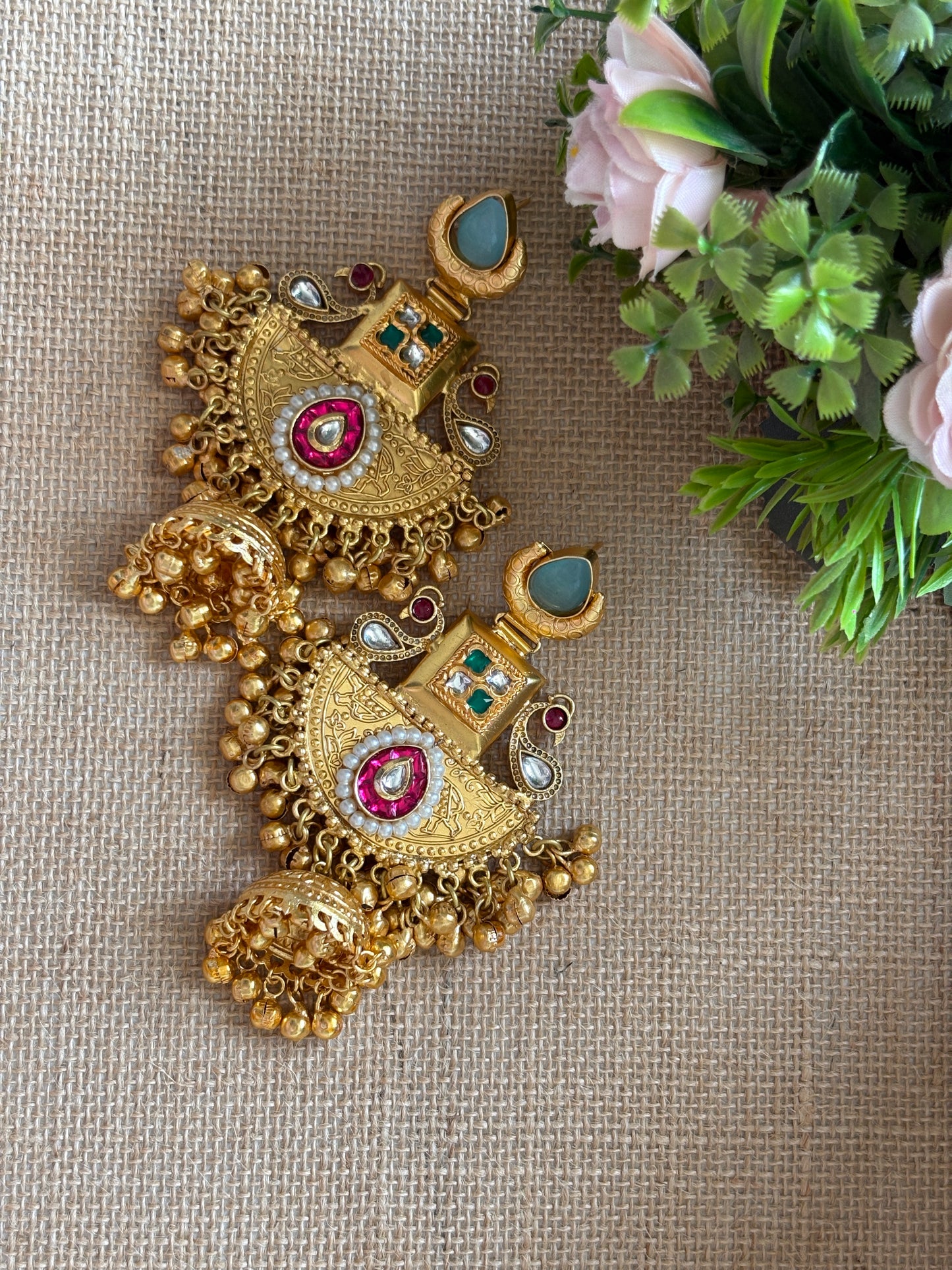Blue Colour Golden Replica Brass Jhumki Earrings