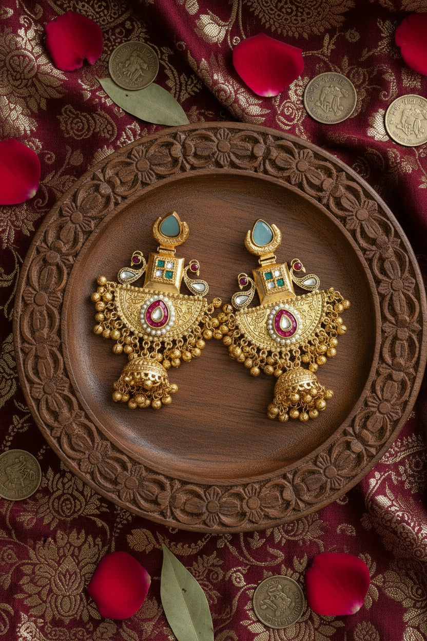 Blue Colour Golden Replica Brass Jhumki Earrings