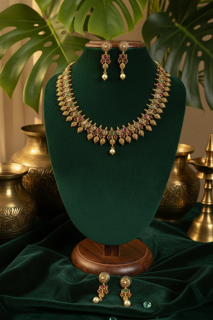 Antique Gold Plated Mango Leaf Kemp Necklace Set