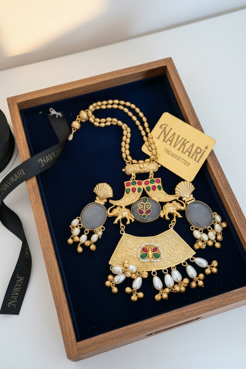 Gray Kundan Brass Long Chain Necklace