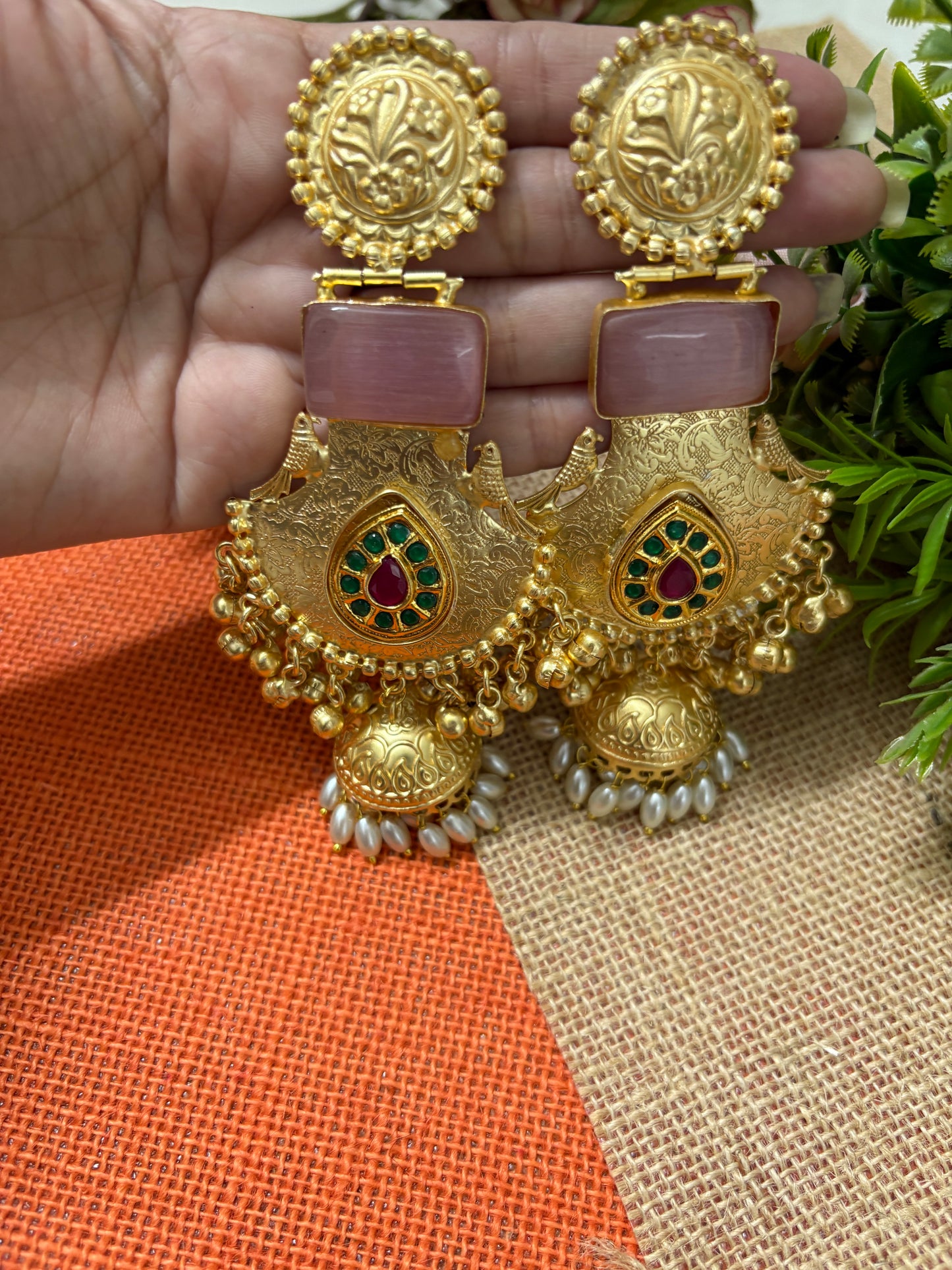Peach Colour Long Chandbali Brass Earrings