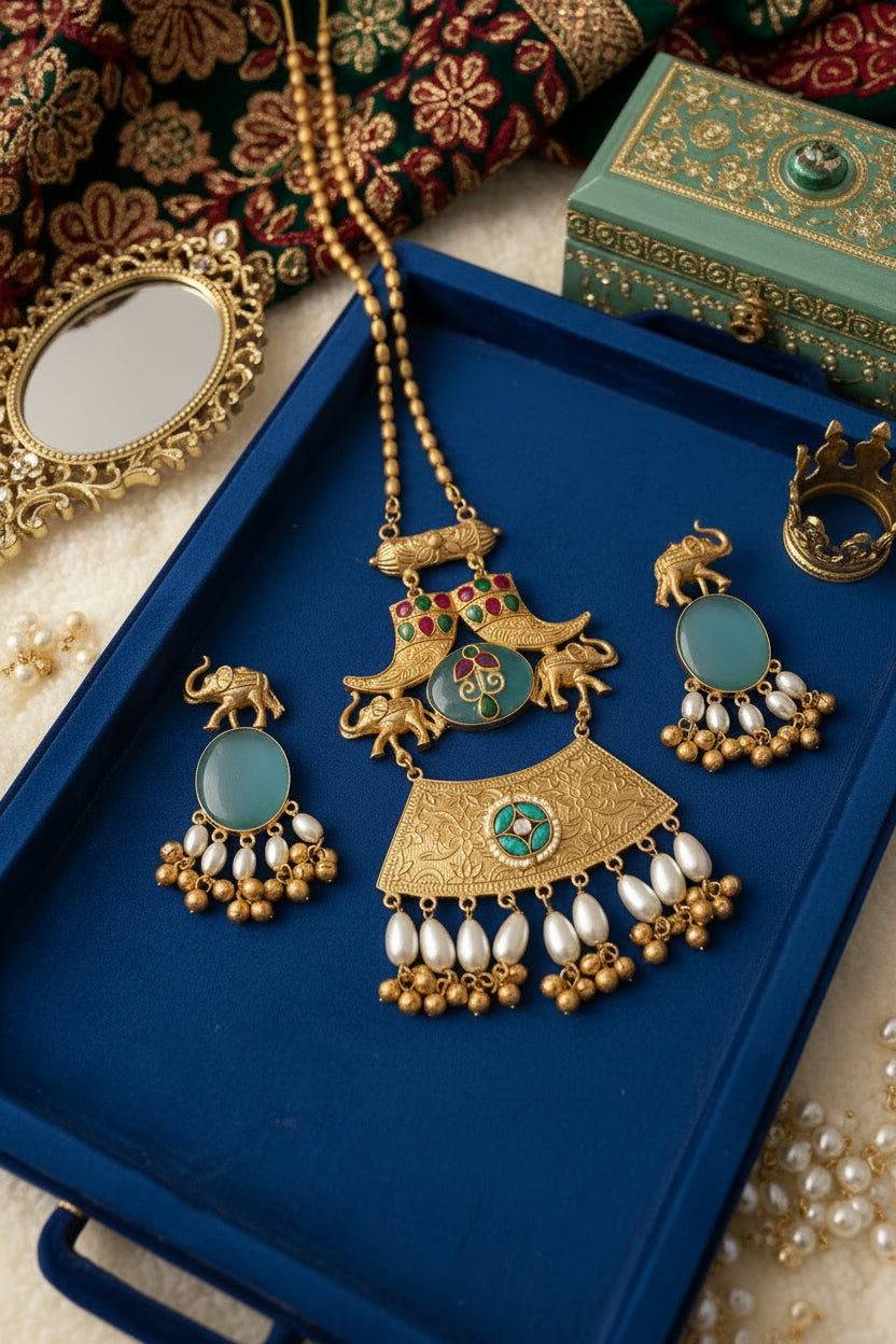Blue Kundan Brass Long Chain Necklace