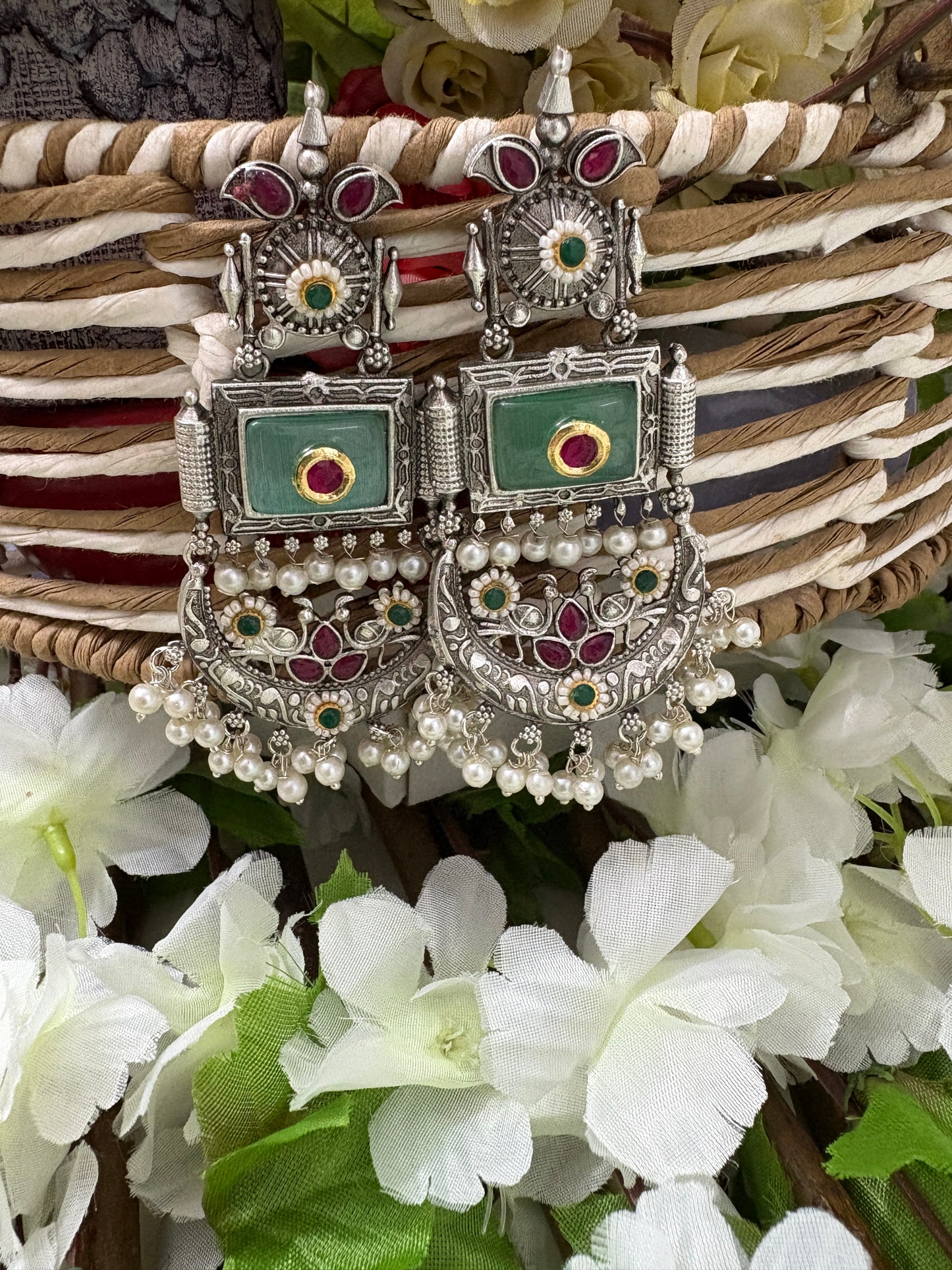 Silver Replica Green Brass Chandbali Earrings