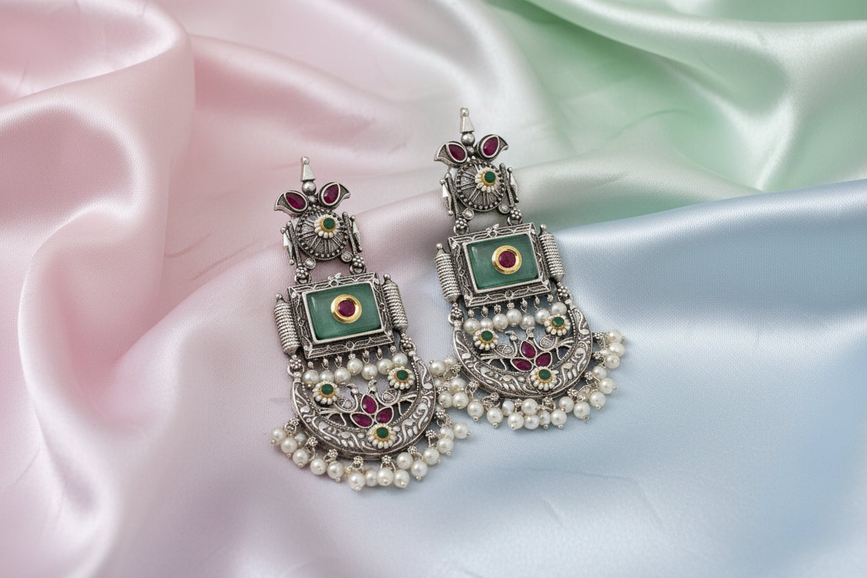 Silver Replica Green Brass Chandbali Earrings
