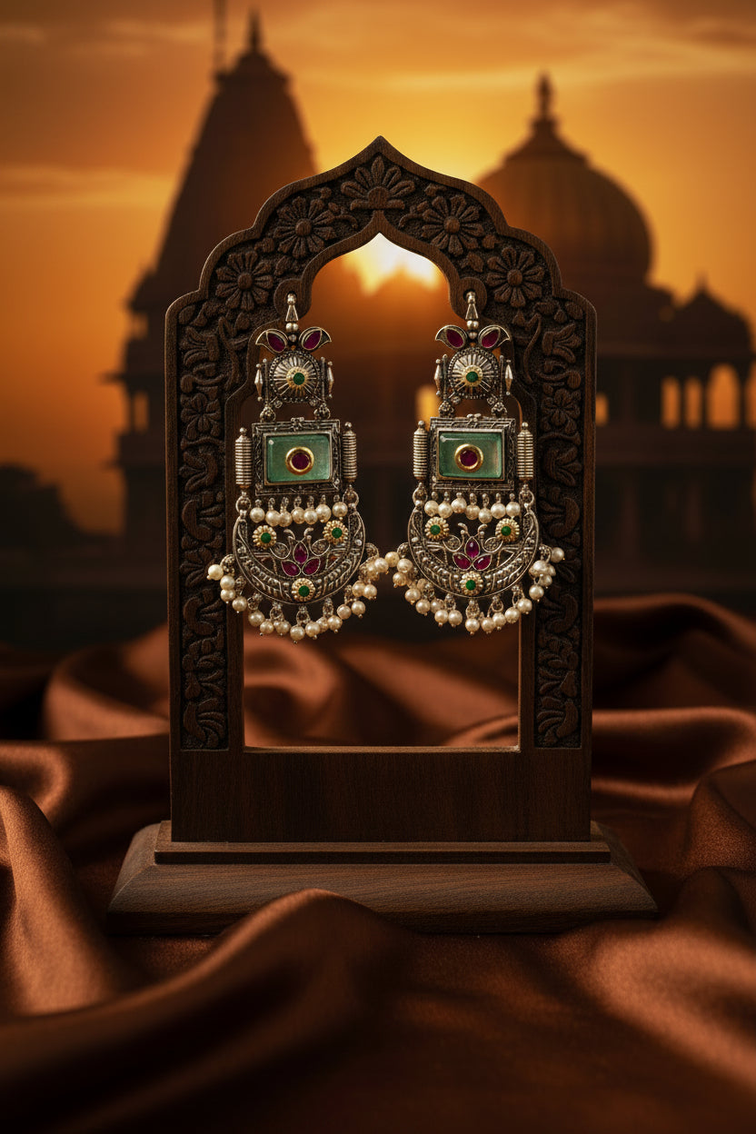 Silver Replica Green Brass Chandbali Earrings