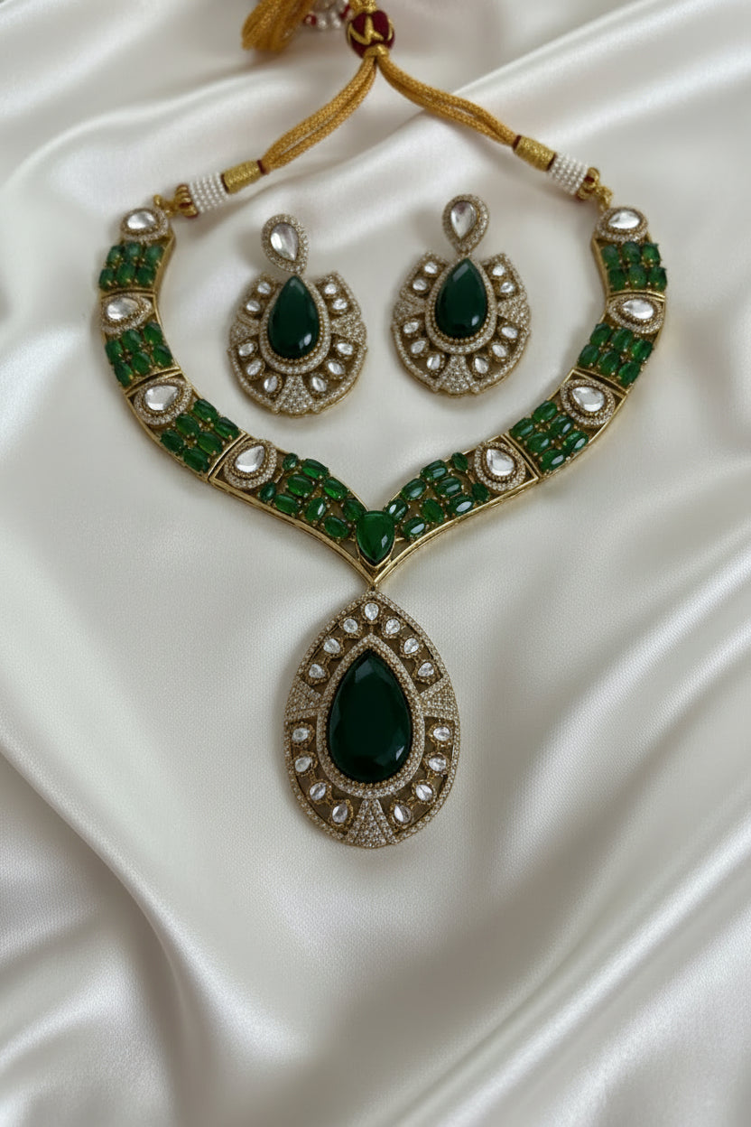 Emerald Green Antique Gold Kundan Necklace & Earrings Set
