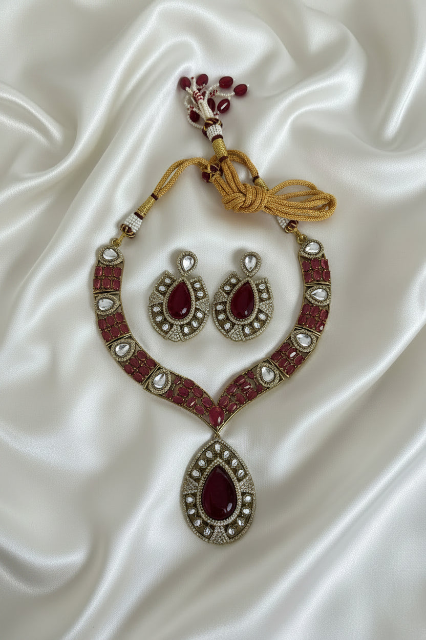 Maroon Ruby Antique Kundan Necklace & Earrings Set