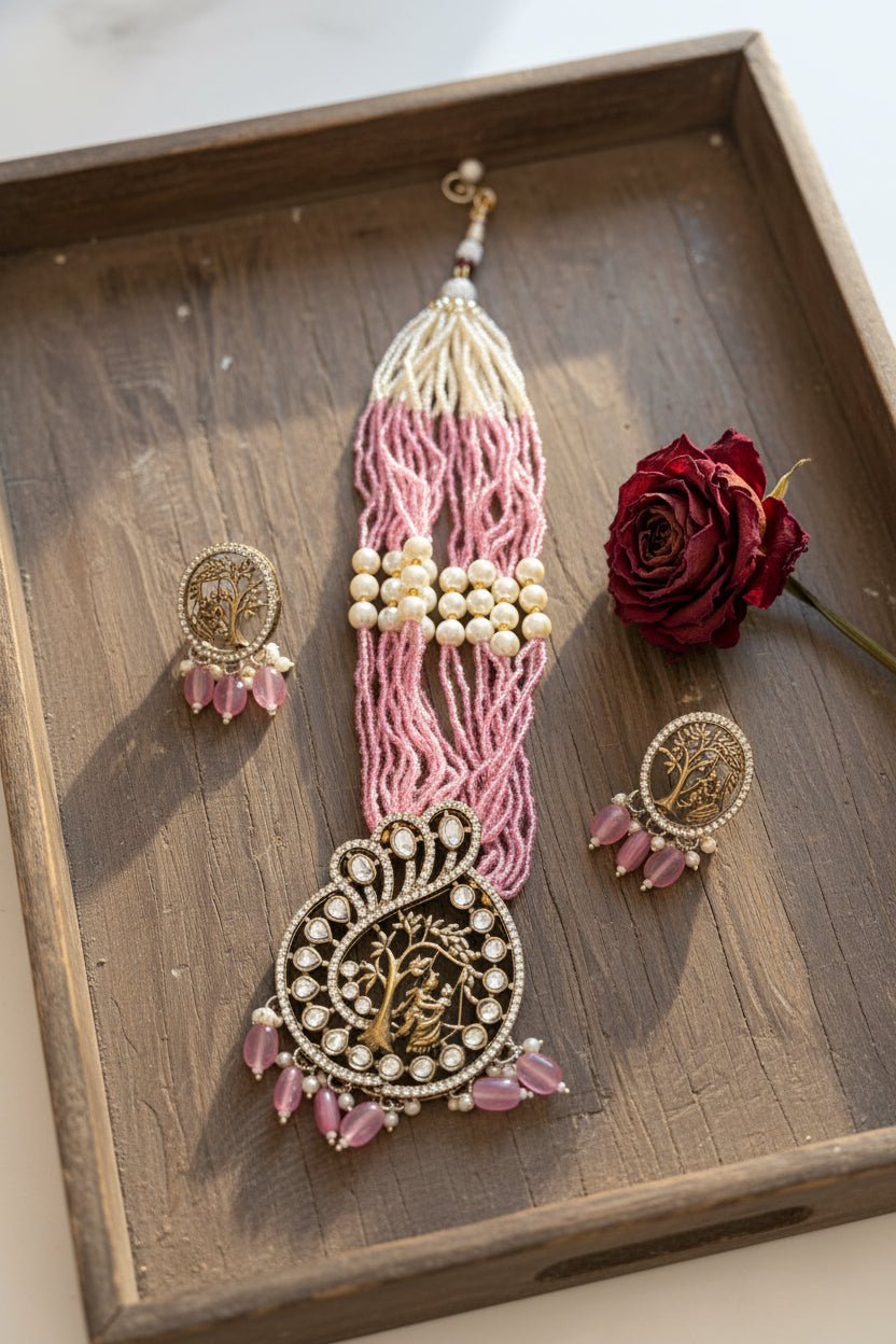 Pink Kundan Pearl Bridal Necklace Set