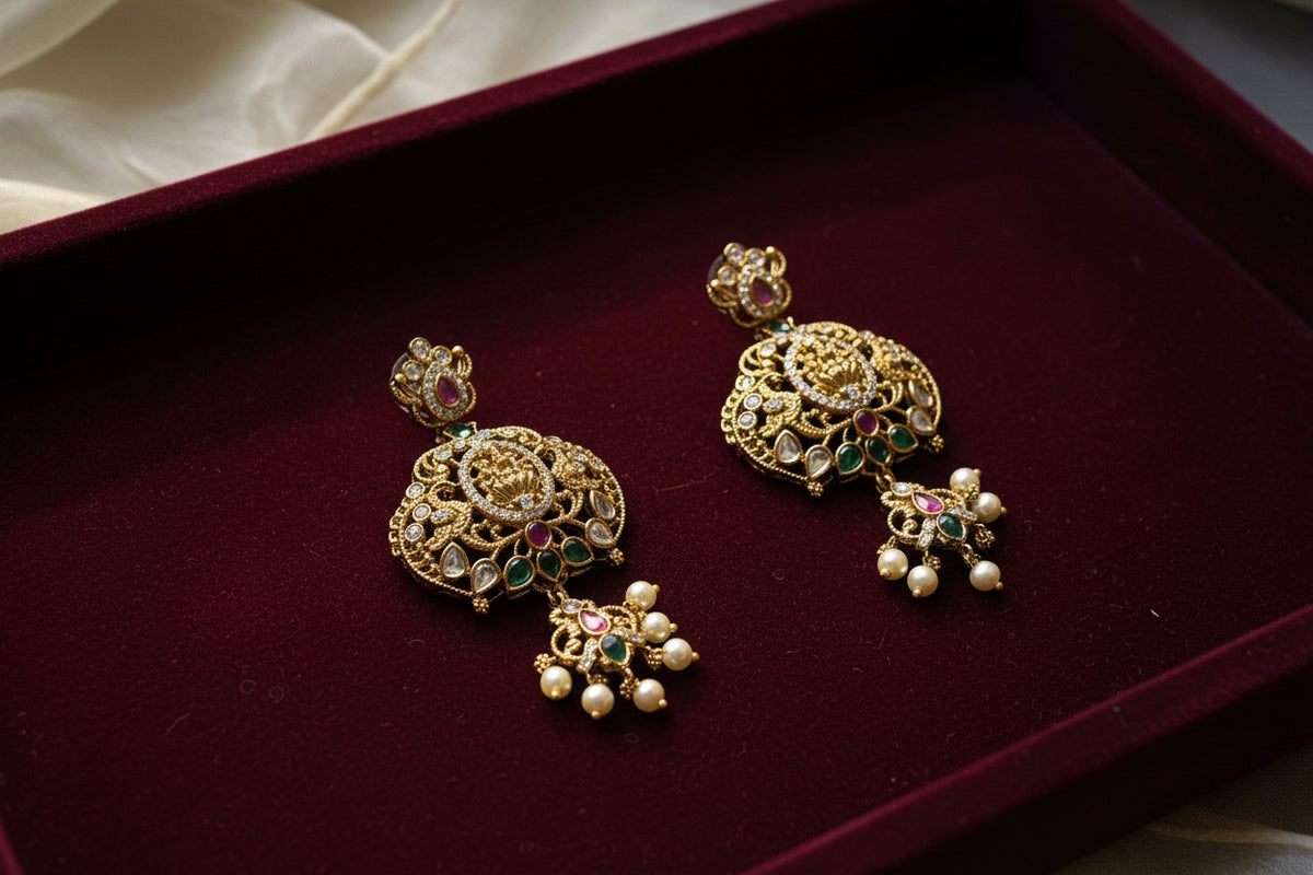 Antique Peacock Lakshmi Long Haram Set with Maang Tikka