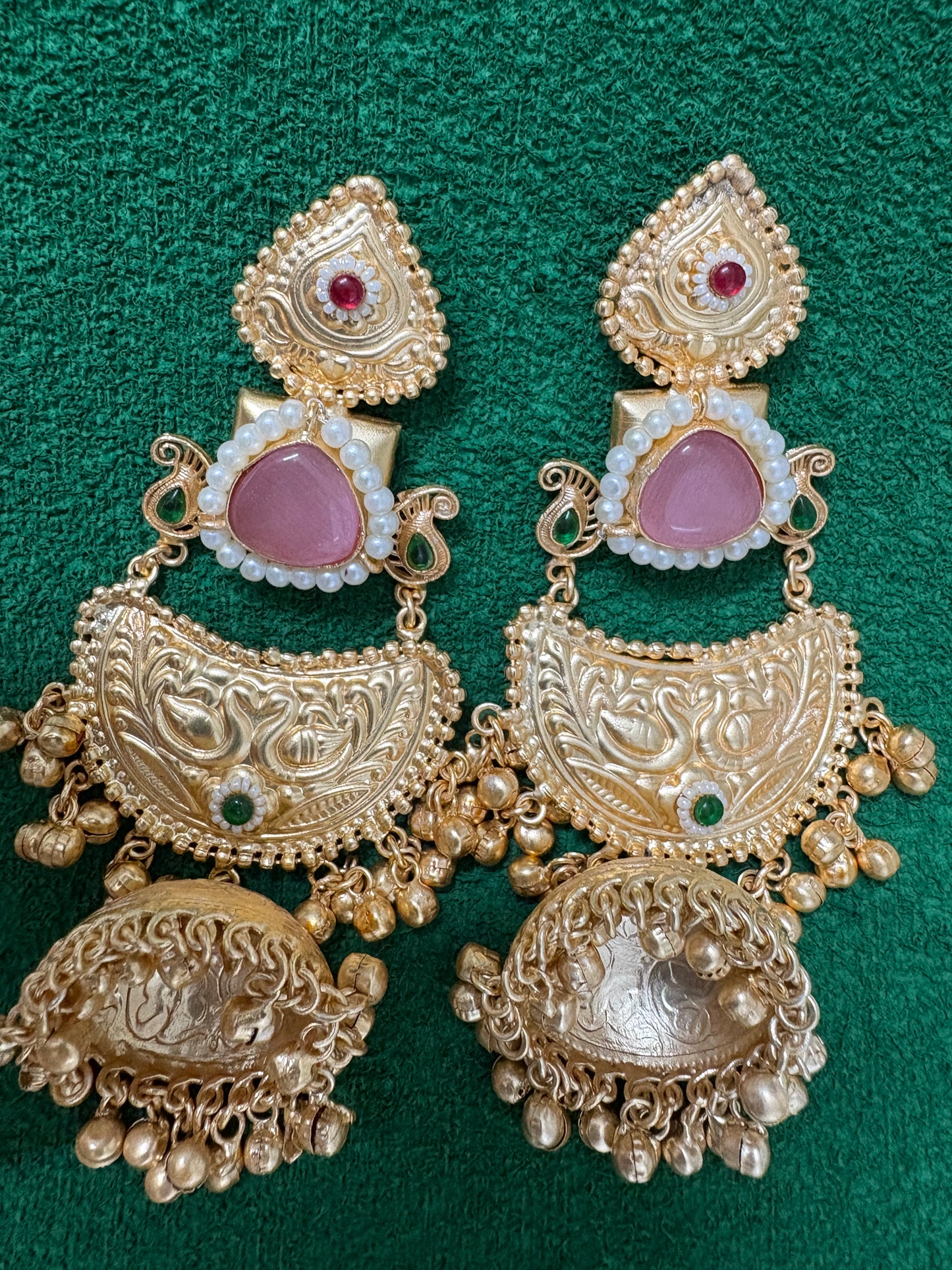 Golden Replica Peach Colour Brass Jhumkis