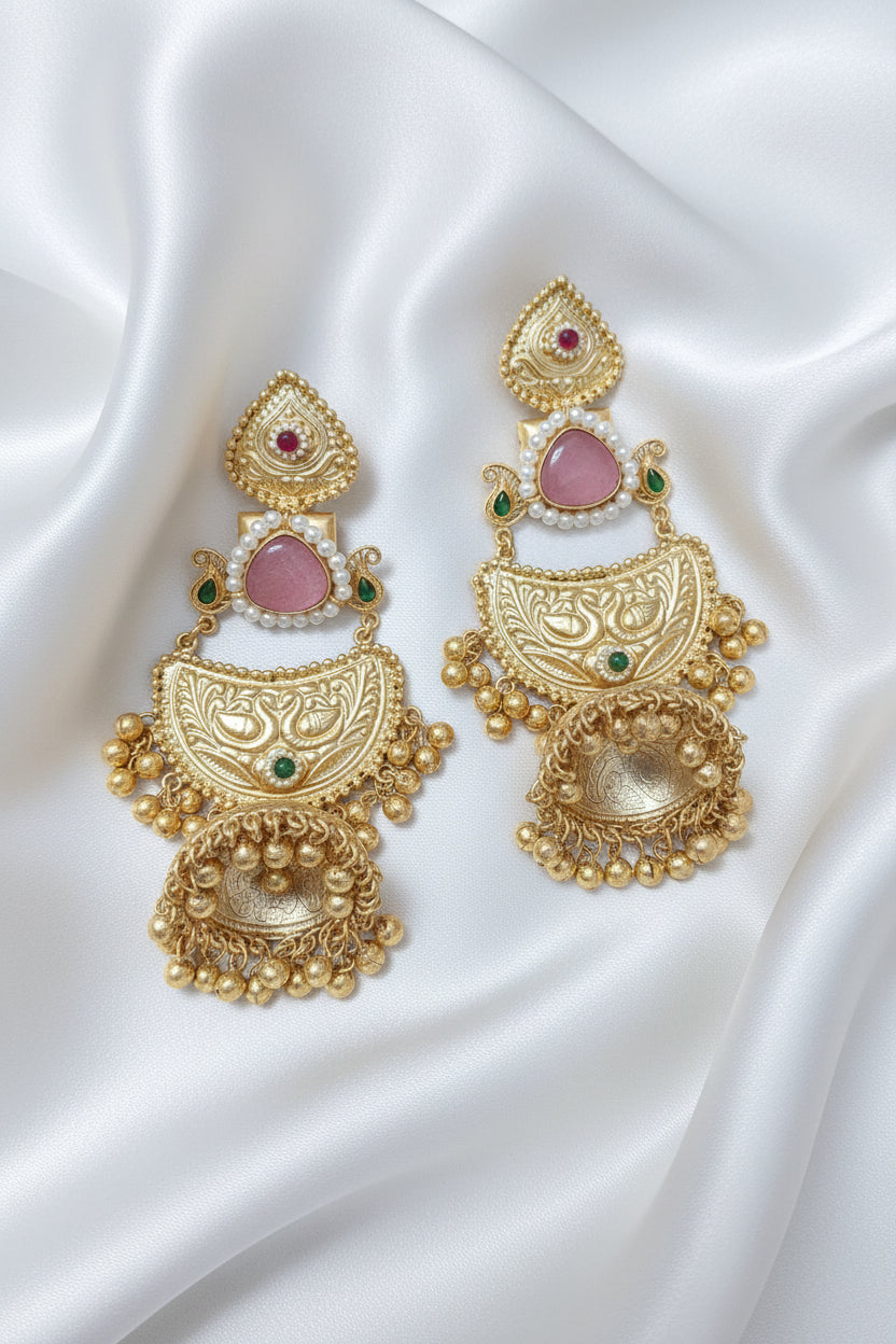 Golden Replica Peach Colour Brass Jhumkis