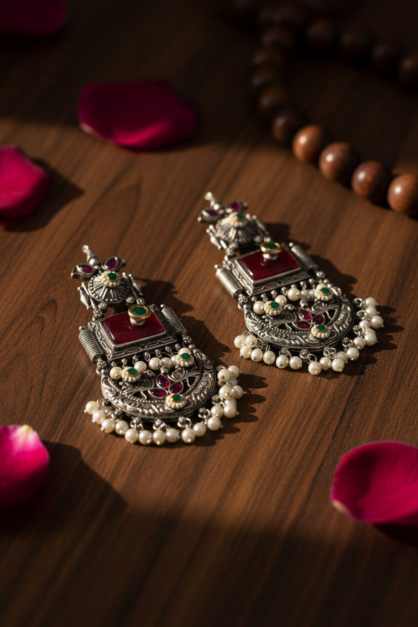 Red Silver Replica Chandbali Earrings