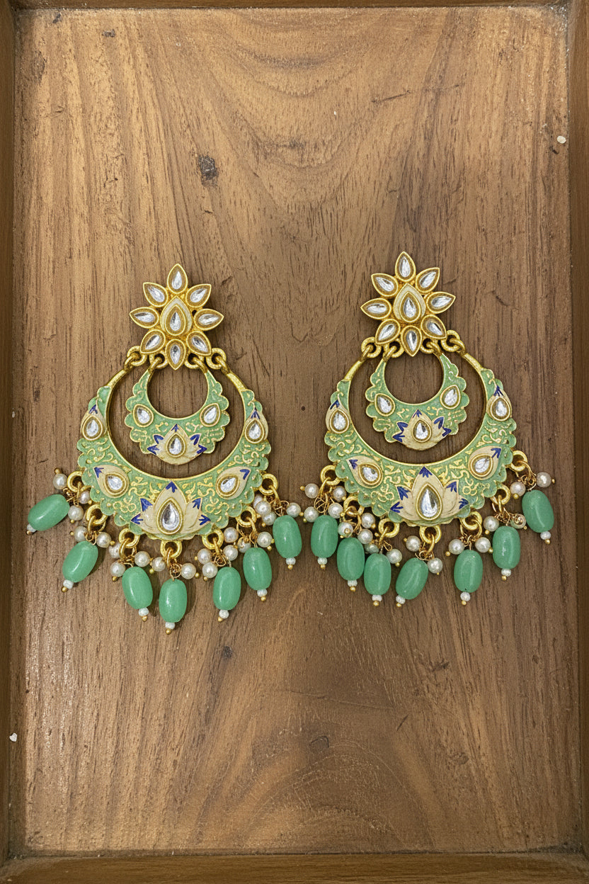 Light Green Meenakari Kundan Chandbalis