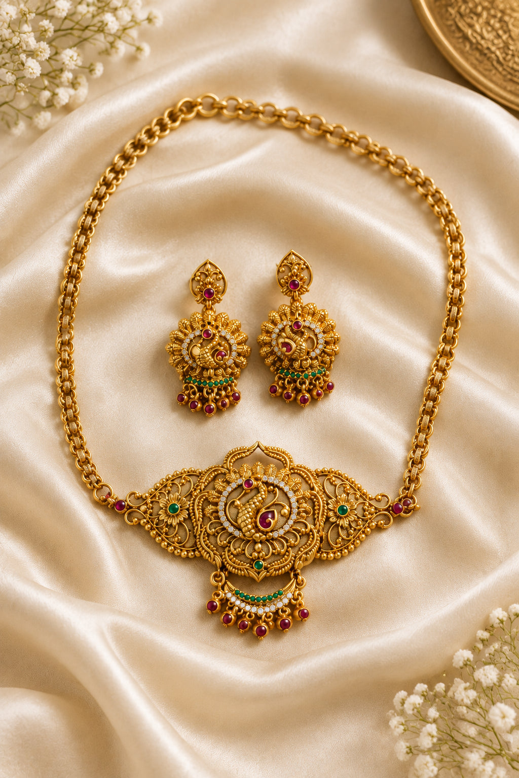 Antique Gold Peacock Temple Long Haar Set