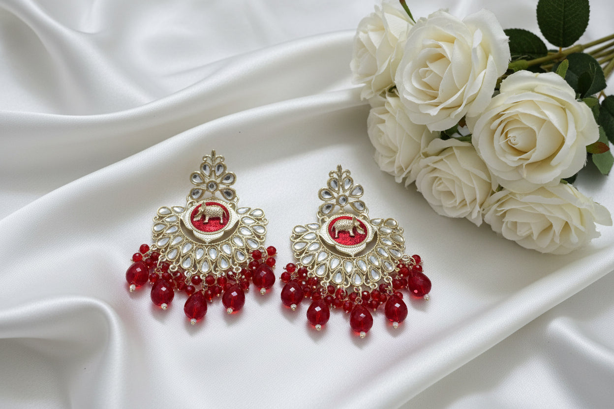 Red Colour Kundan Earrings