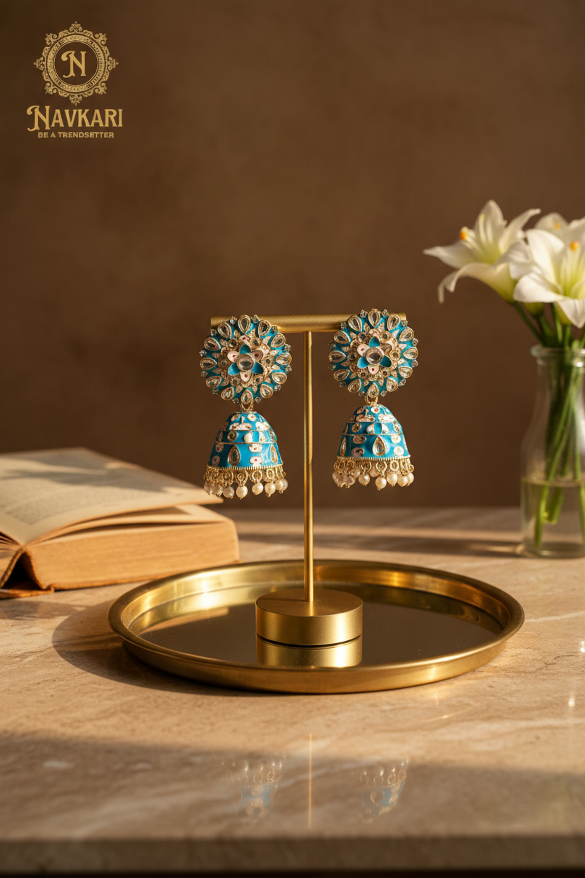 Sky Blue Meenakari Kundan Jhumki Earrings