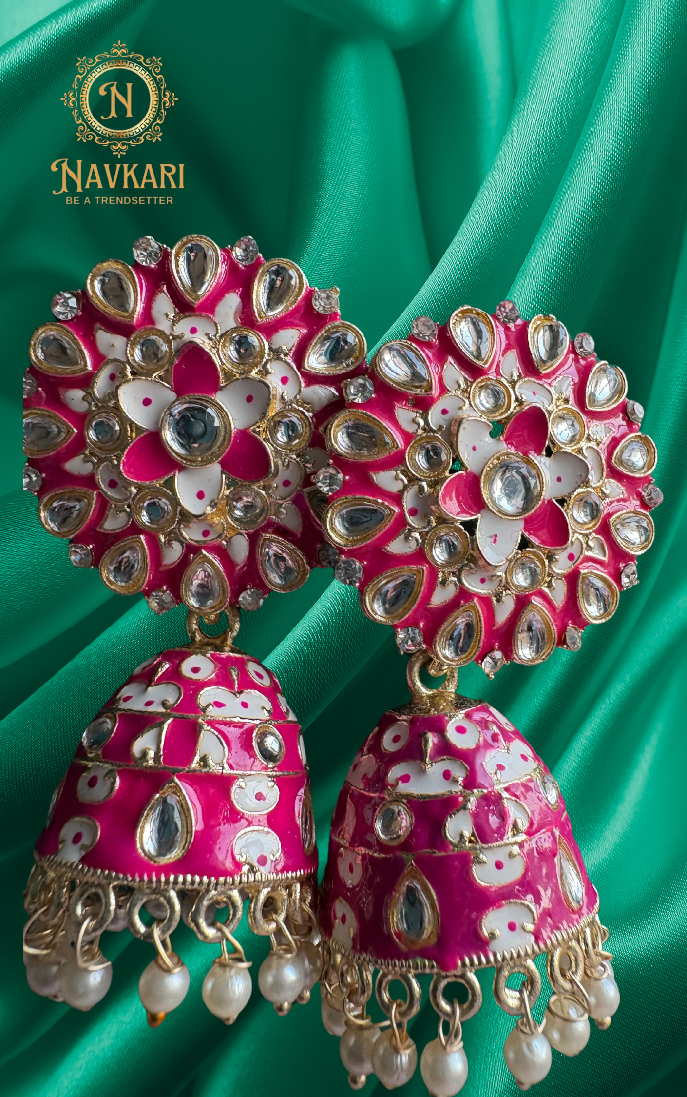 Rani Pink Kundan Meenakari Jhumki Earrings