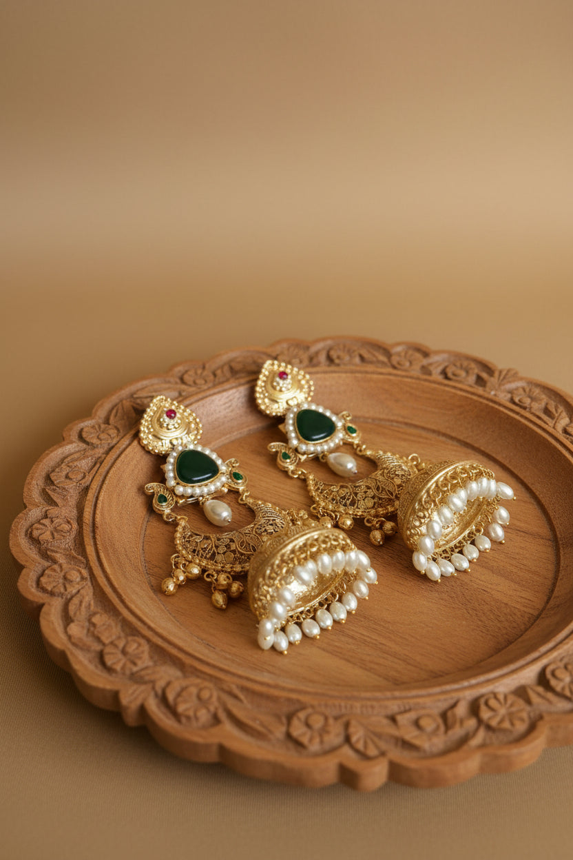 Green Statement Brass Jhumkis