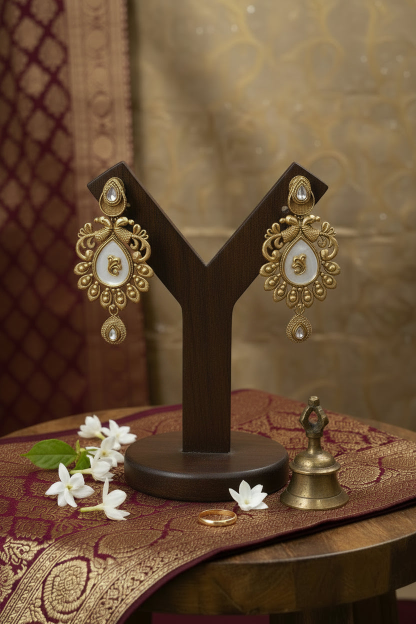White Kundan Antique Earrings