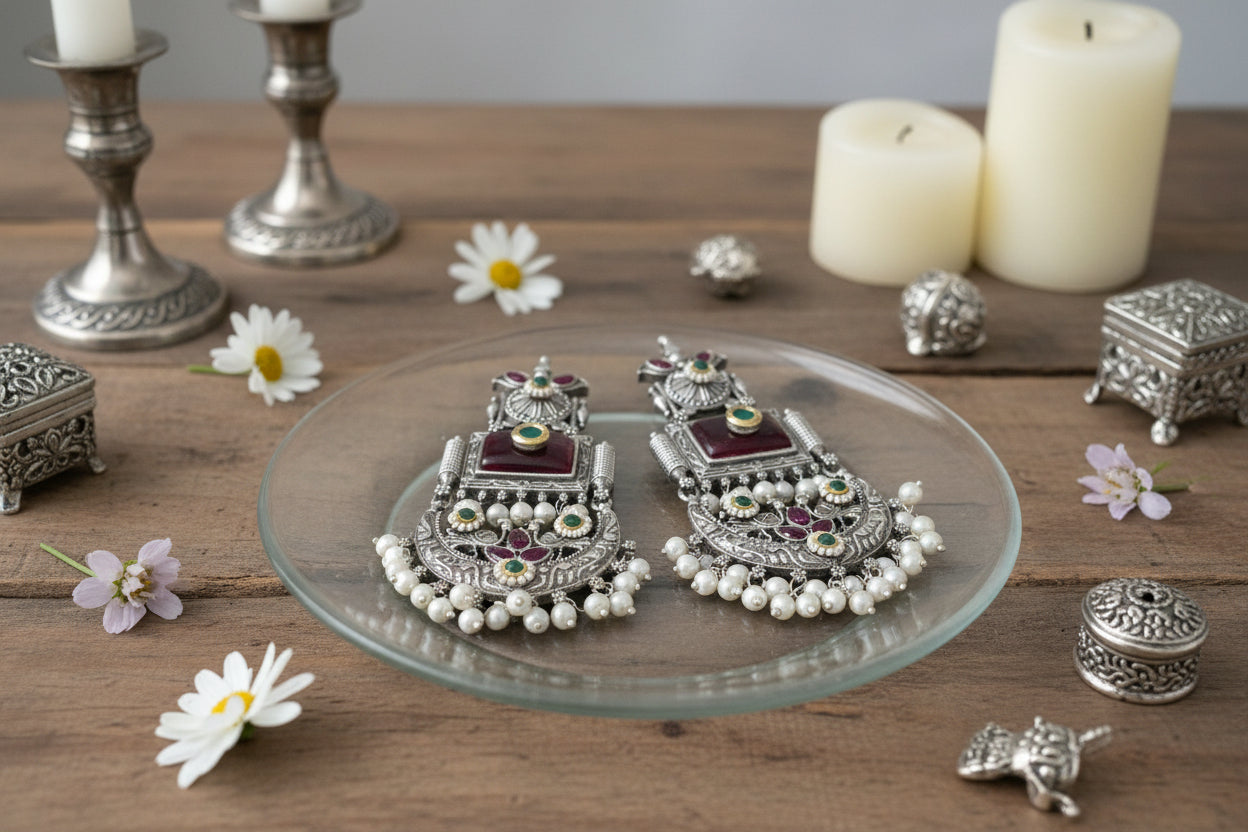 Red Silver Replica Chandbali Earrings