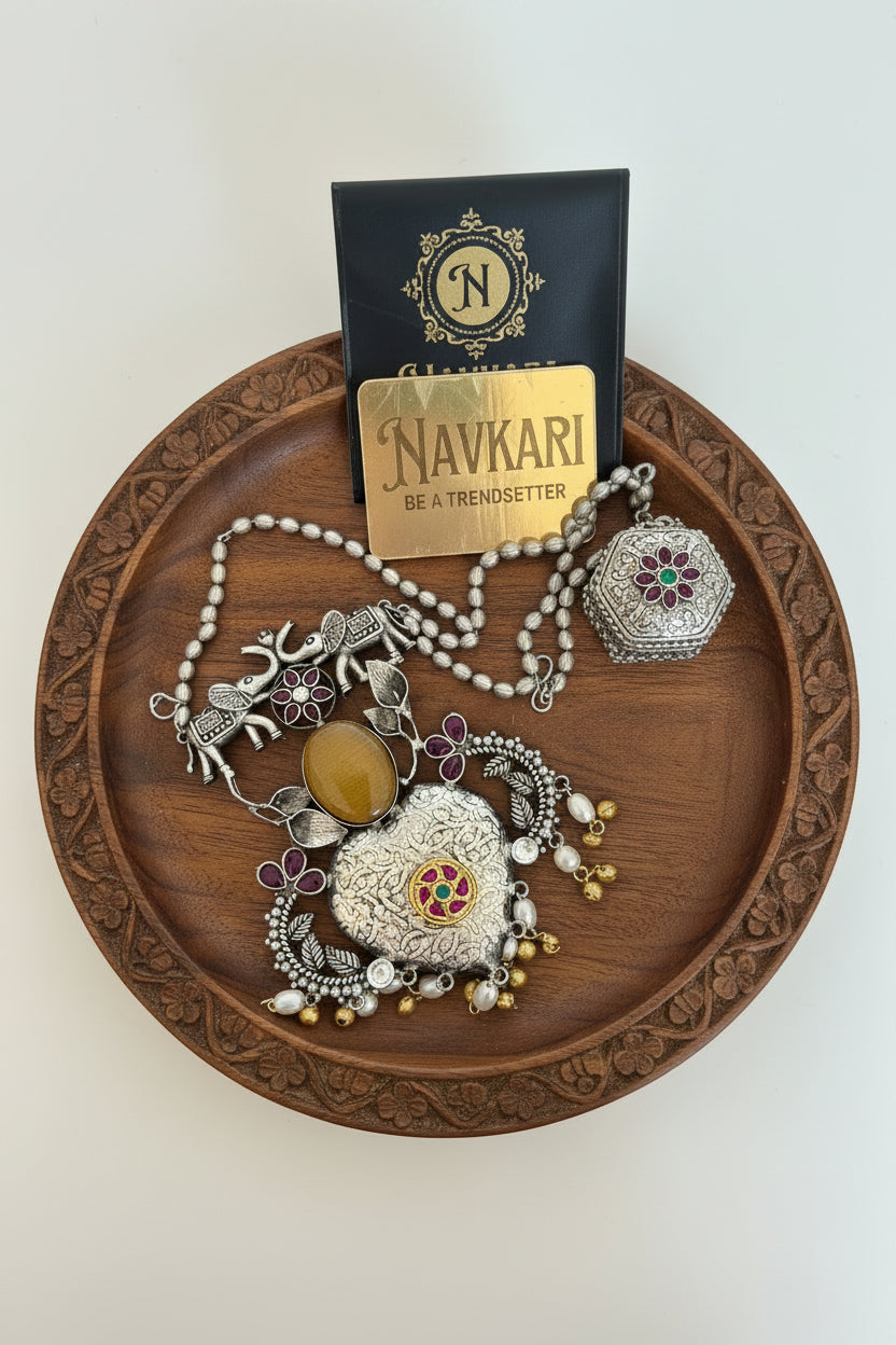 Yellow Kundan Long Chain Oxidised Necklace