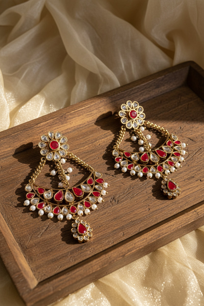 Premium Red Kundan Antique Earrings
