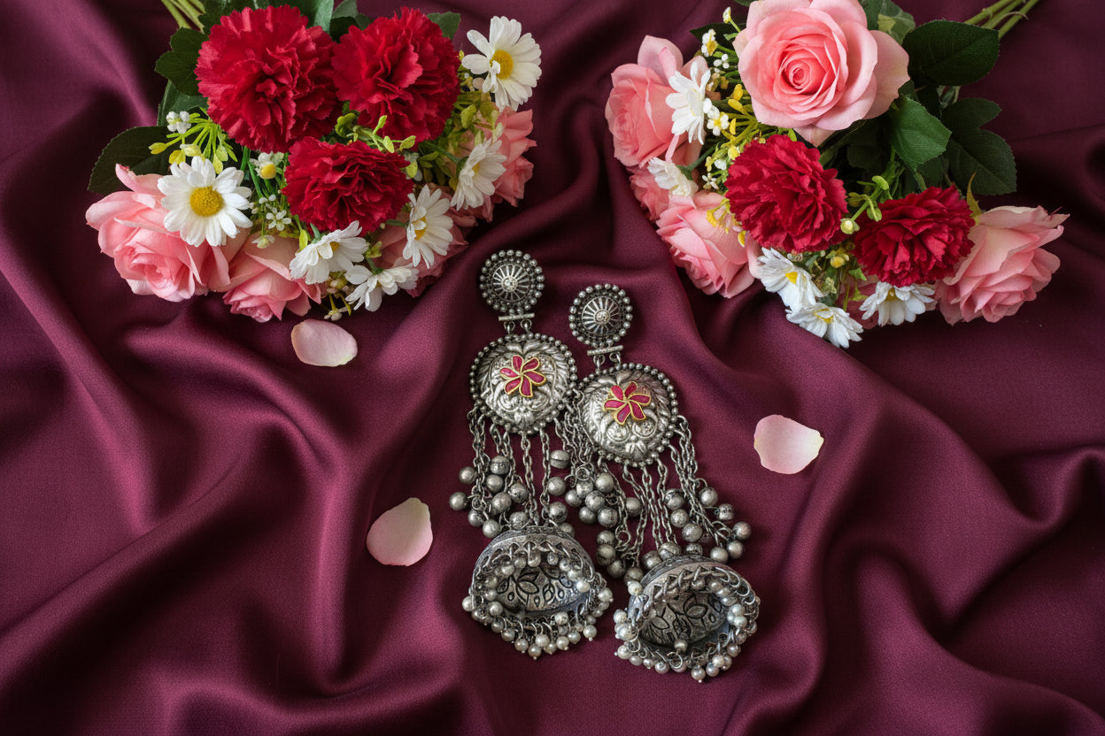 Silver Replica Oxidised Brass Jhumkis