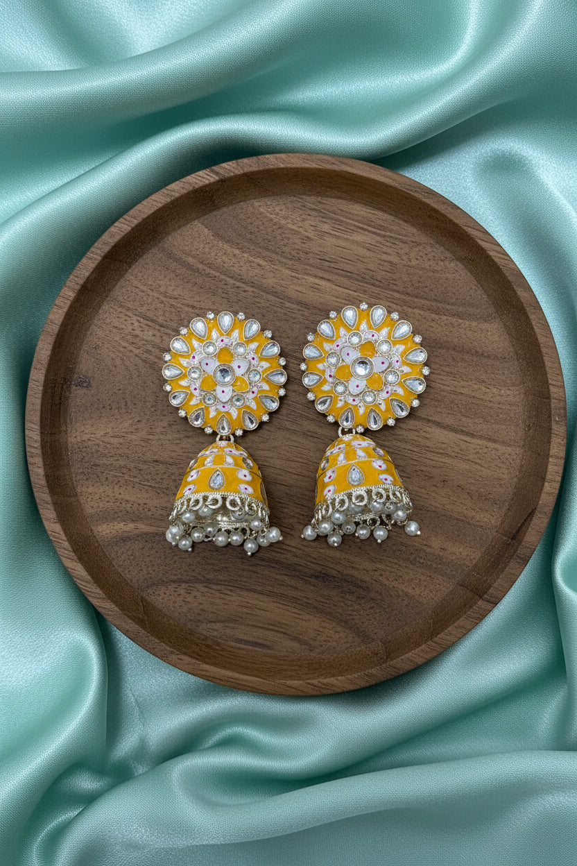 Yellow Meenakari Kundan Earrings