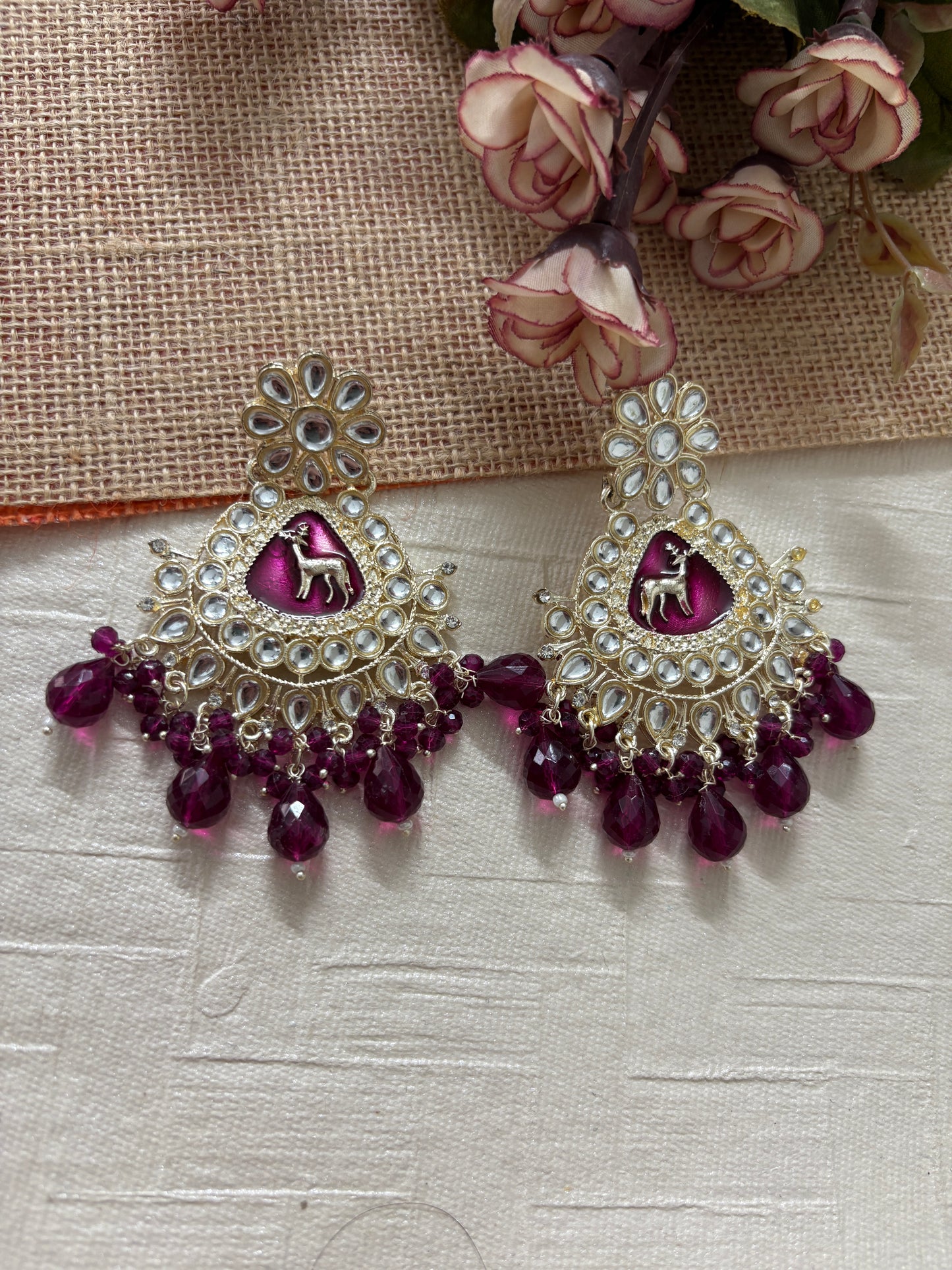 Dark Reddish Brown Kundan Earrings