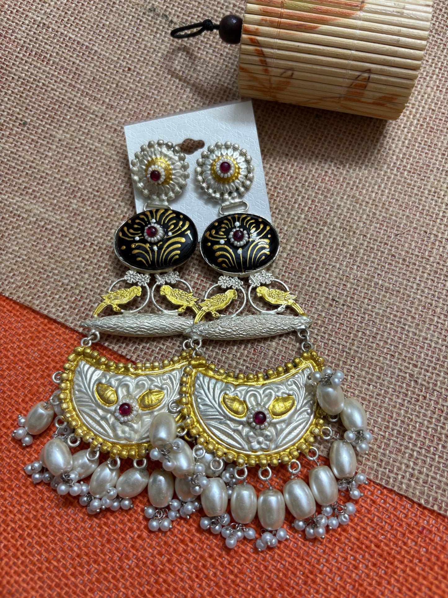 Silver Replica Meenakari long Chandbalis