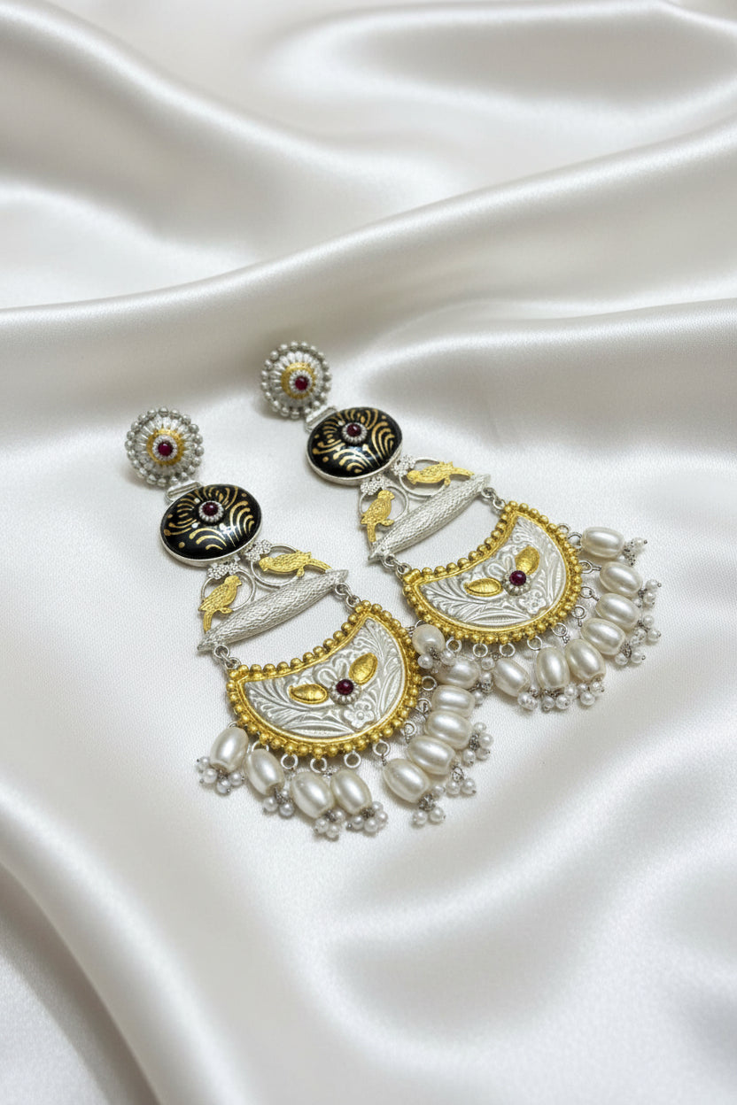 Silver Replica Meenakari long Chandbalis
