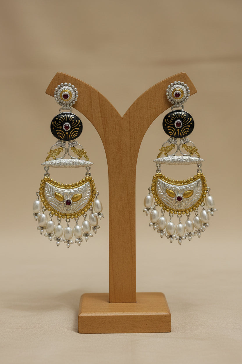 Silver Replica Meenakari long Chandbalis
