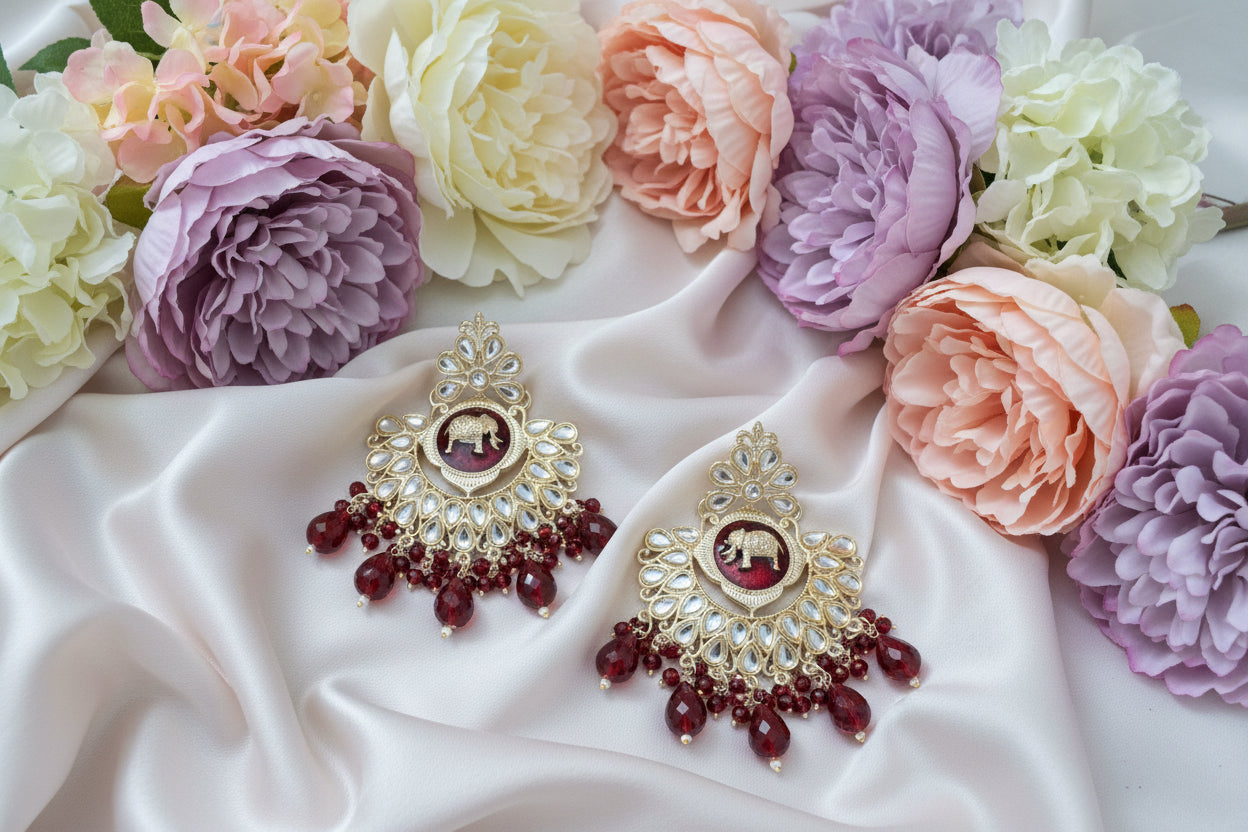 Dark Red Colour Kundan Earrings