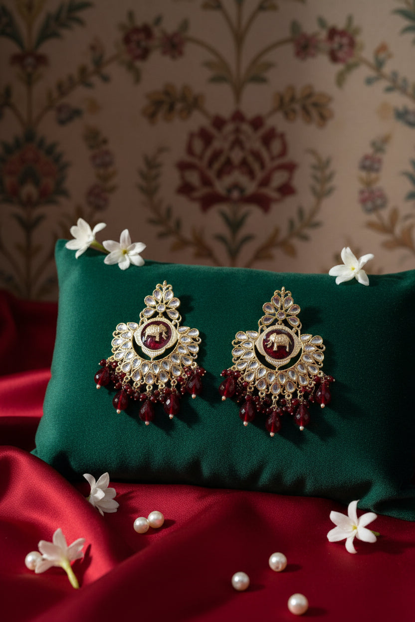 Dark Red Colour Kundan Earrings