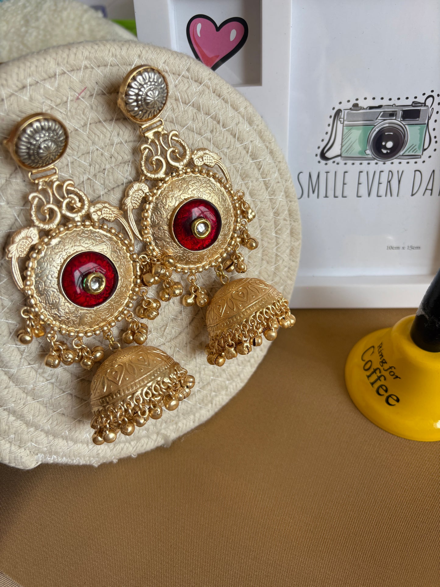 Red Statement Brass Jhumkis