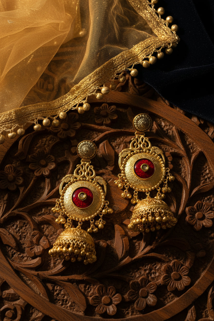 Red Statement Brass Jhumkis