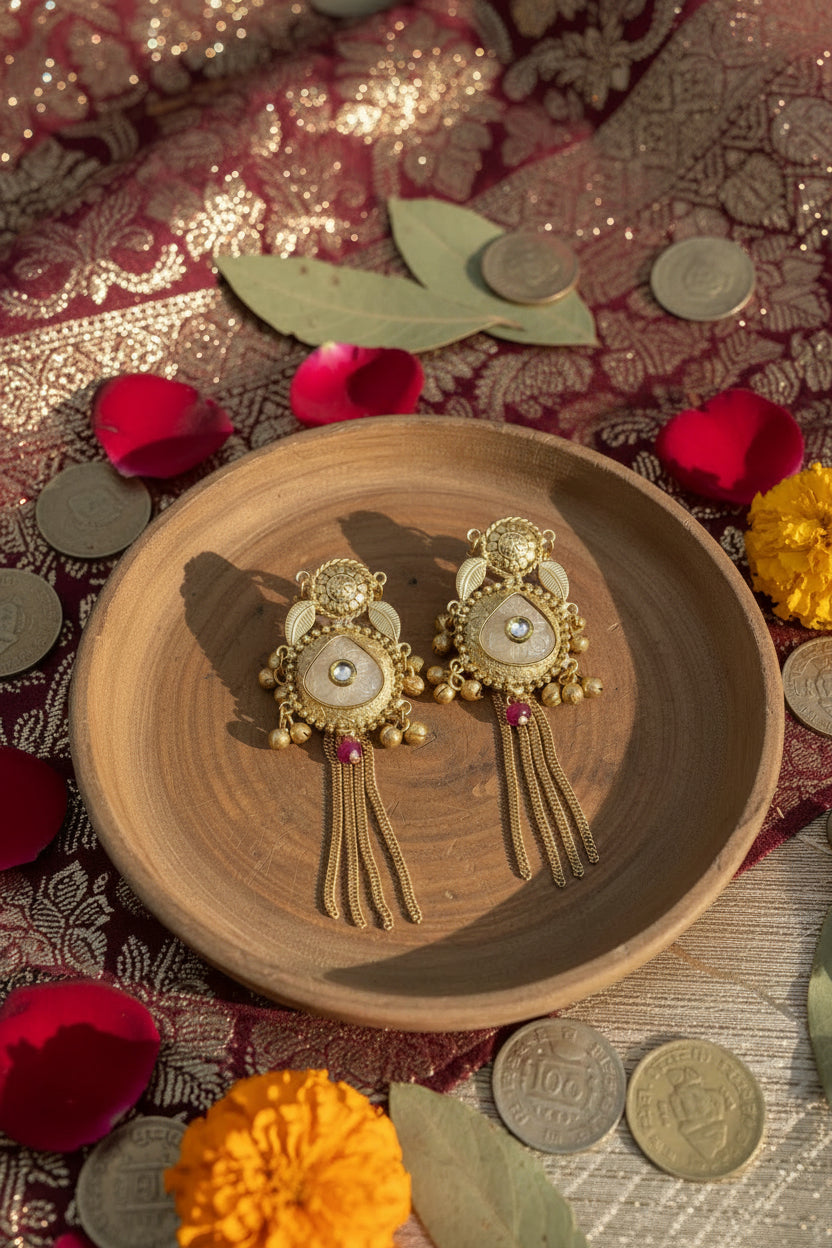 White Colour Kundan Brass long chain Earrings