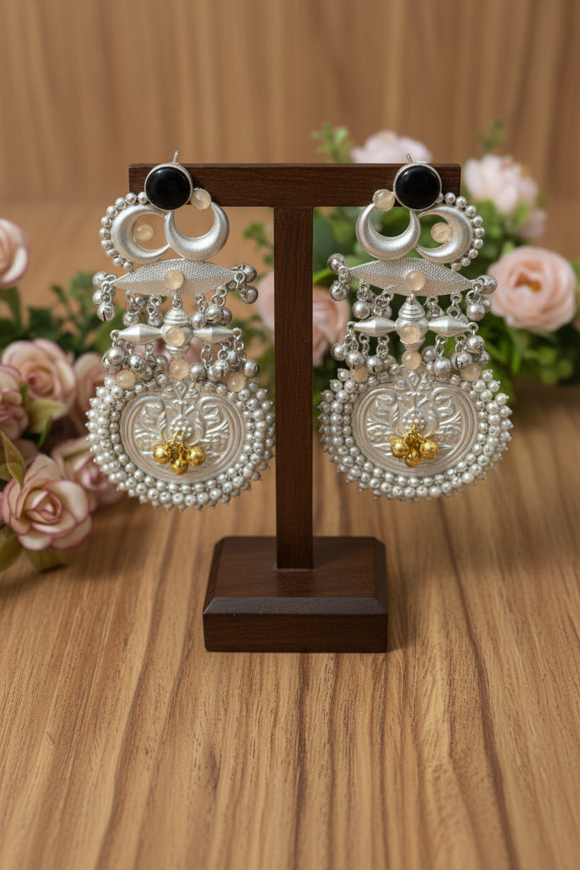 Black Kundan Silver Replica brass Chandbalis