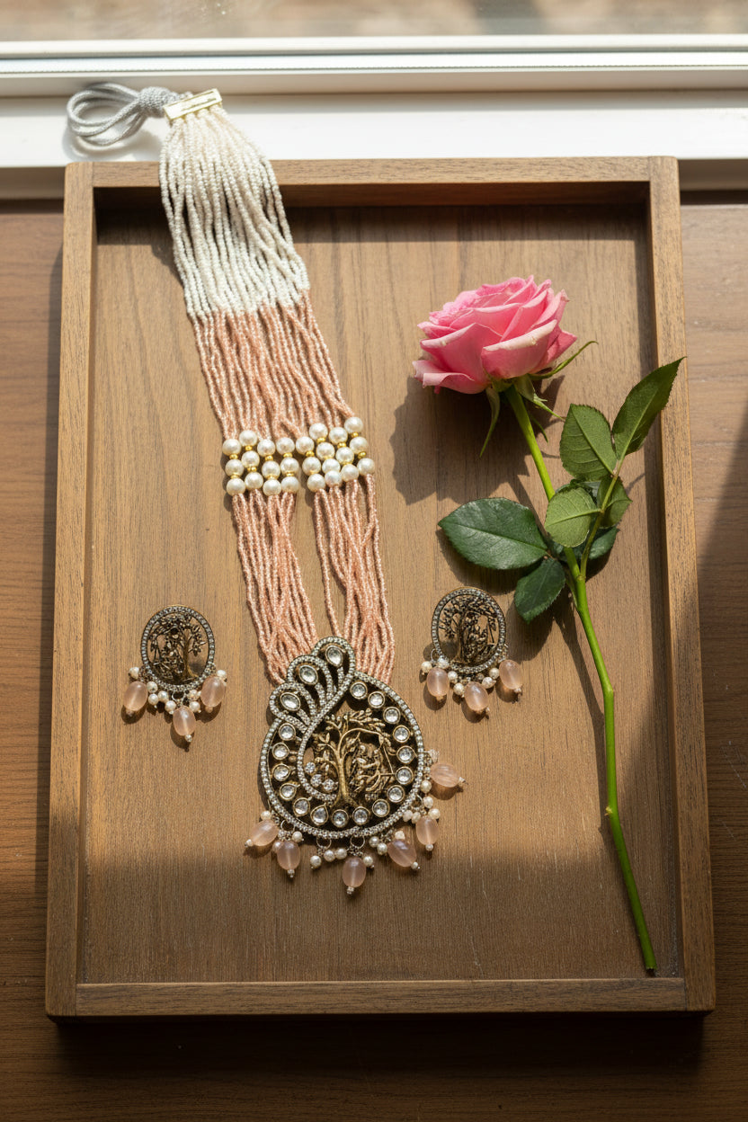 Peach Pearl Kundan long Necklace Set