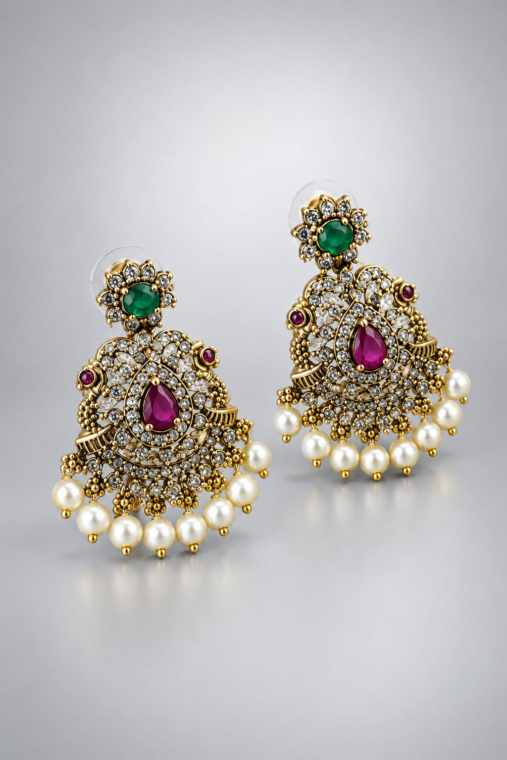 Antique Gold Chandbali Earrings - Navratna AD Pearl