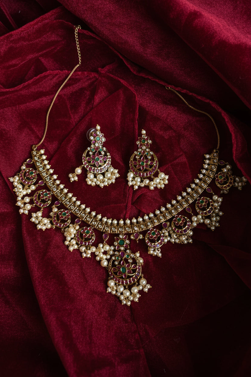 Antique Gold Plated Kemp Pearl Choker Necklace Set