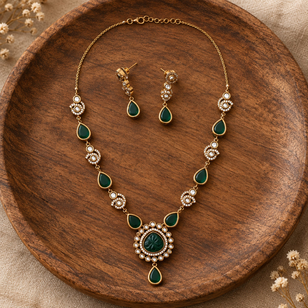 Emerald Green Victorian Necklace Set - Gold AD