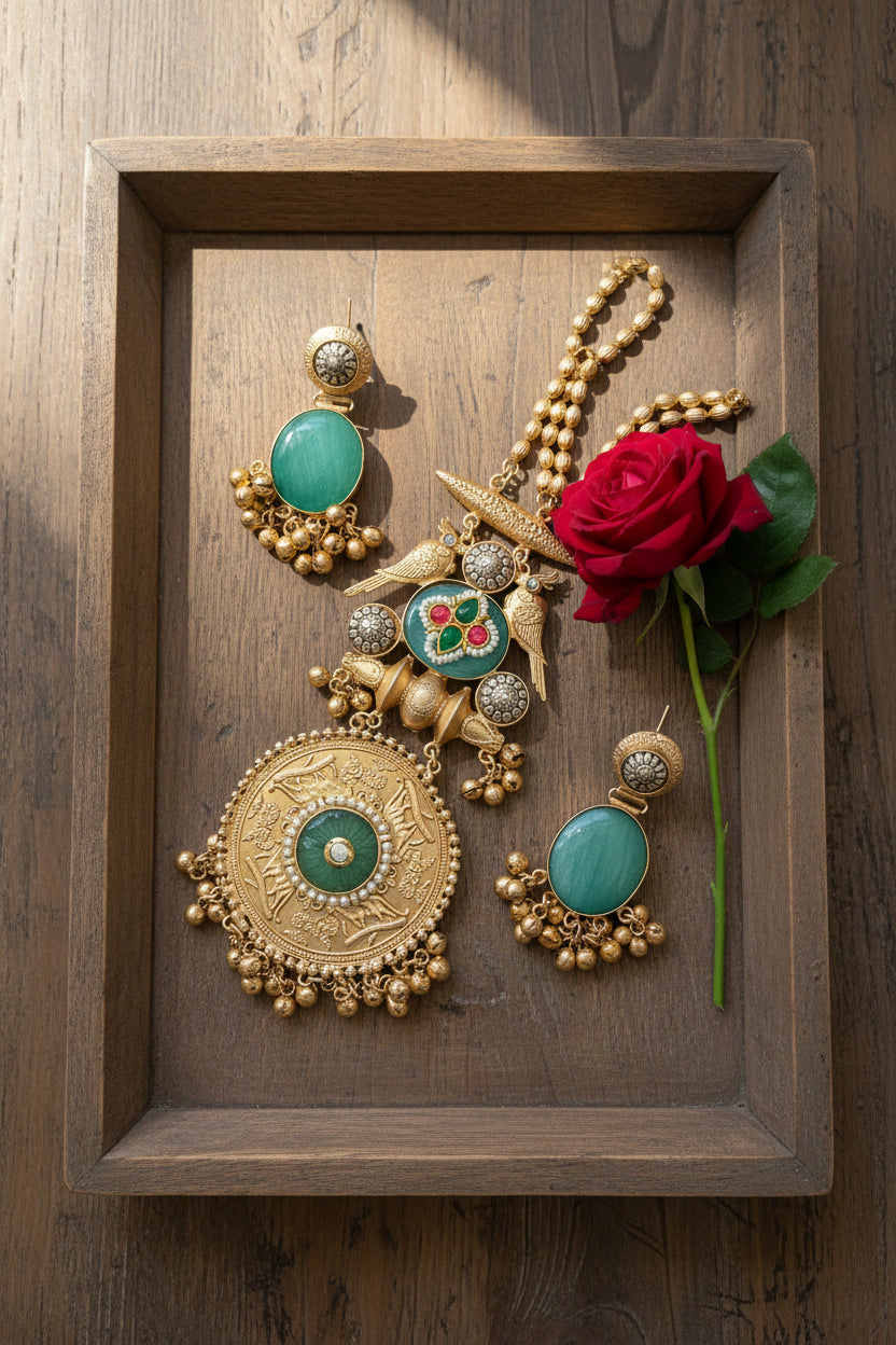 Green Kundan Golden Brass Necklace