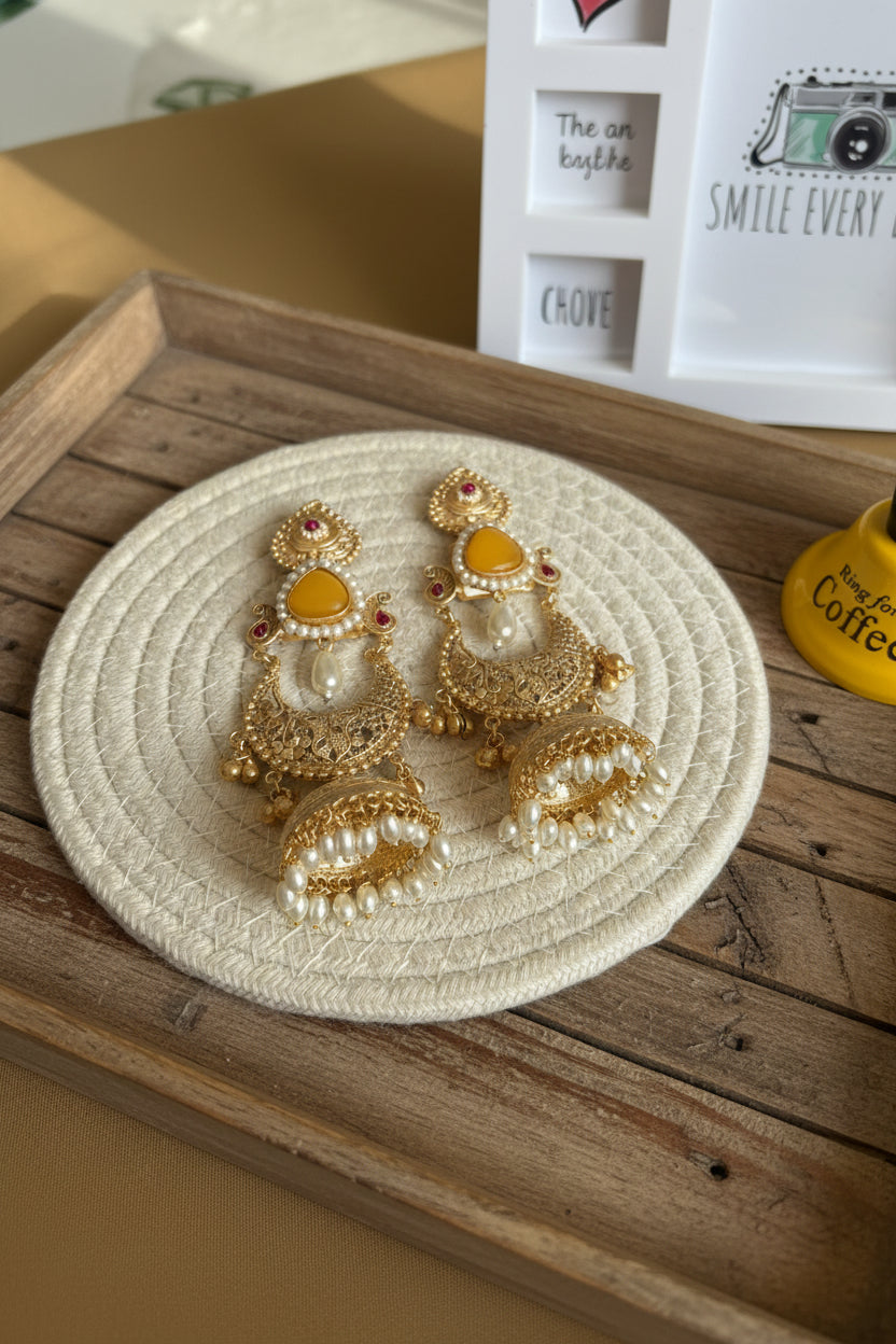 Yellow Statement Brass Jhumkis