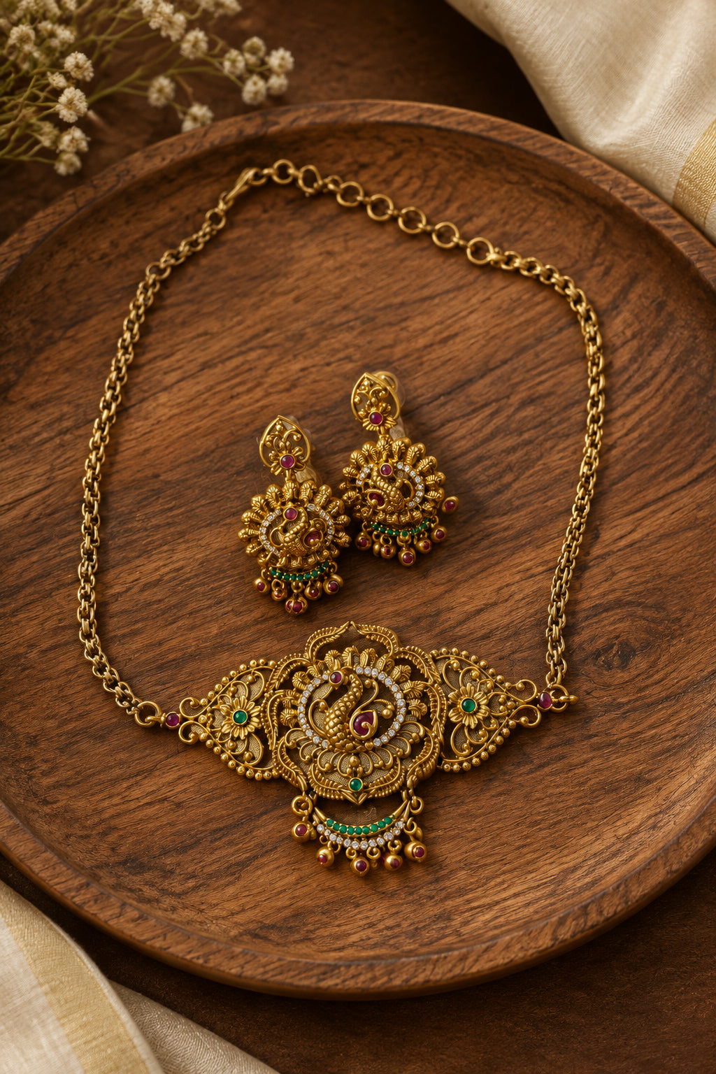 Antique Gold Choker Necklace Set - Peacock Temple