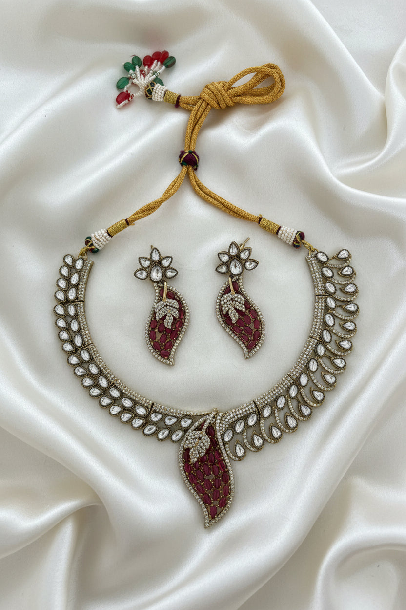 Antique Gold Maroon Leaf Motif Polki Choker Set with Earrings