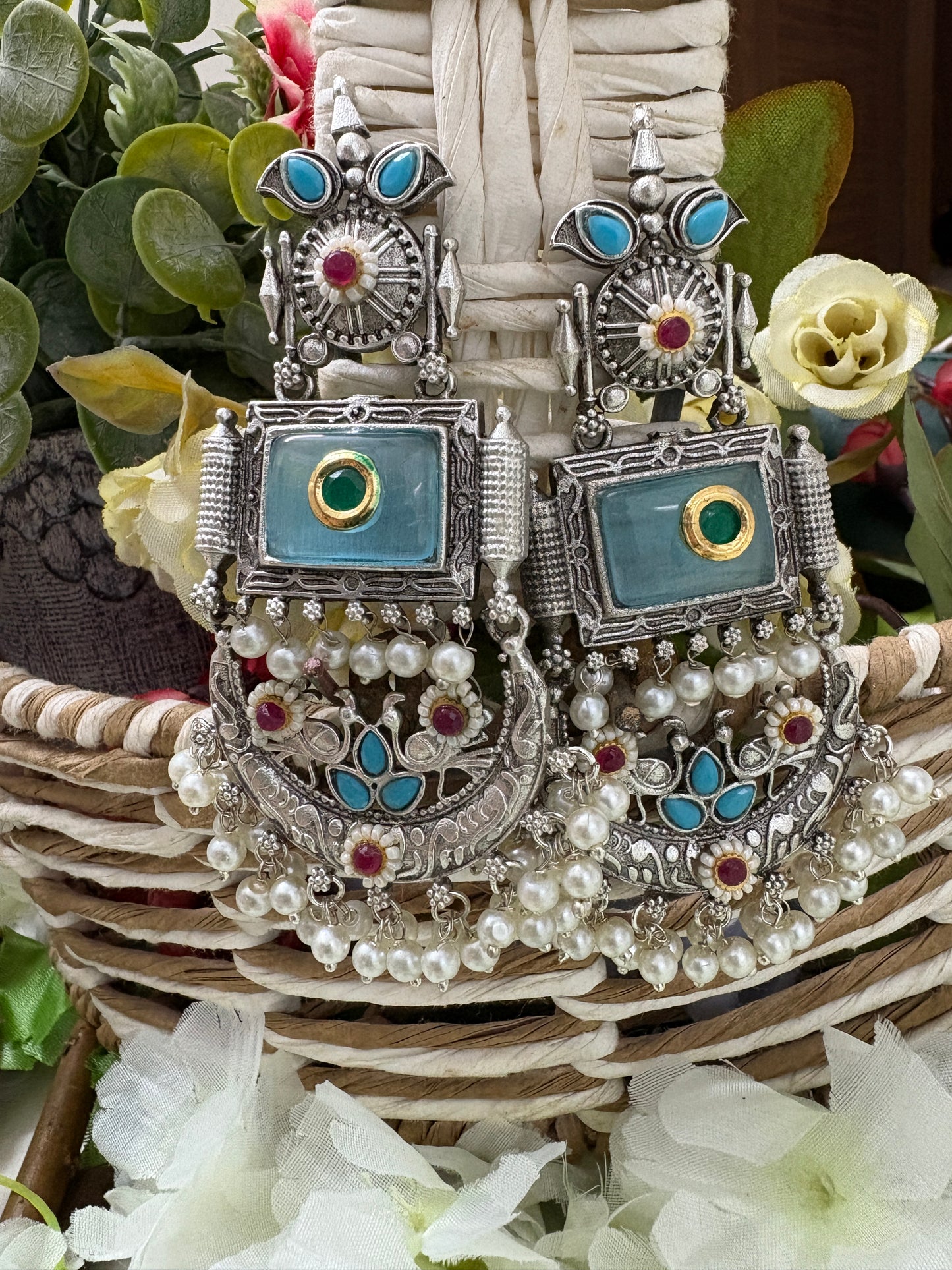 Light Blue Silver Replica Chandbali Earrings