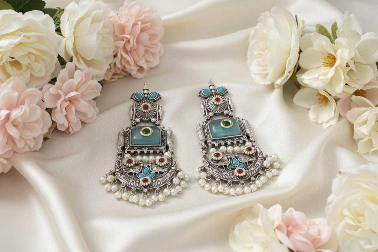Light Blue Silver Replica Chandbali Earrings